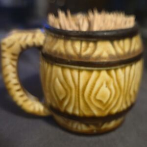 Vintage Japan Ceramic Faux Wood Barrel Toothpick Holder Stein Mid Century Modern